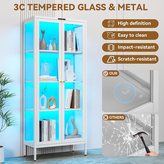 Polup 66" White Glass Display Cabinet with 8-Color LED for Collectibles | Metal Frame & Tempered Glass Doors, Motion Sensor LED, 3 Adjustable Shelves, 4-Tier Space, for Indoor Plants & Figures