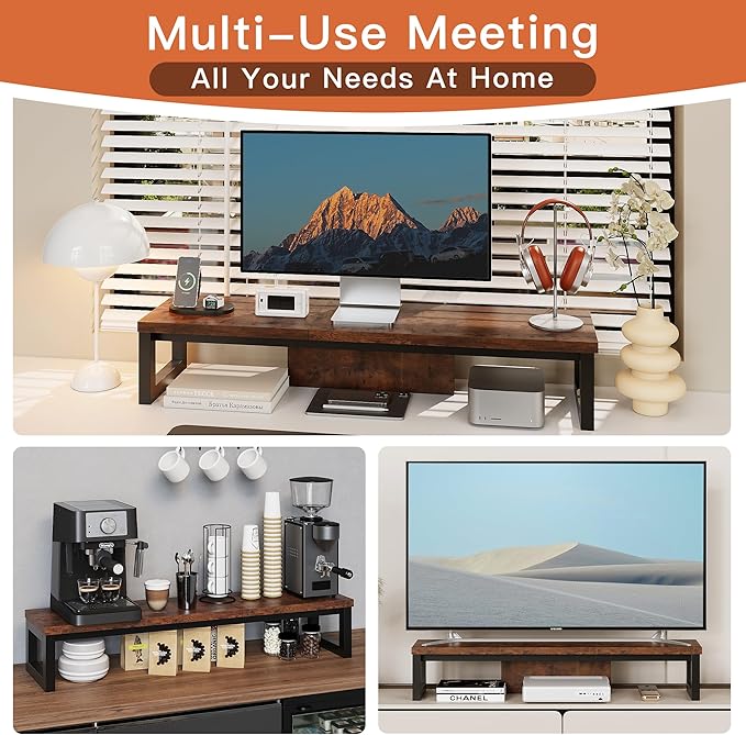 HEWORLIF Dual Monitor Stand Riser, Wood and Steel Monitor Riser, Long Computer Monitor Stands for 2 Monitors, Desk Shelf for Computer, Laptop, Printer, TV, Brown