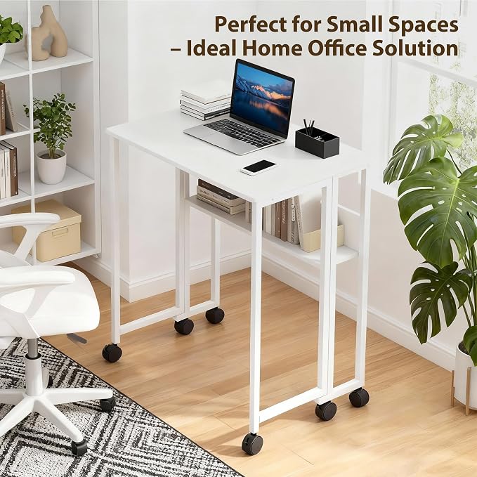 24.8" Folding Desk Rolling Desk with Storage Shelf,Space-Saving Foldable Computer Desk with Wheels,Portable Mobile Couch Sofa Side Table for Small Spaces, Home Office, Study, Easy Assembly,white