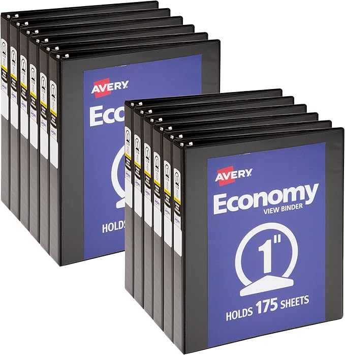 Avery Standard View 3 Ring Binders, 1" Round Rings, 175-Sheet Capacity, 1.4 Inch Wide Spine, Black Binders, Ideal for Lightweight Organization and Occasional Referencing (12-Pack of 05710)