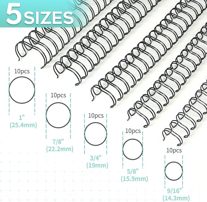 Rayson Wire Binding Spines, 2:1 Pitch, 21-Loop Black, Mixed Sizes, 50 Pack | Includes 9/16", 5/8", 3/4", 7/8" and 1" sizes; black 2:1 pitch wires for compatible wire binding machines.