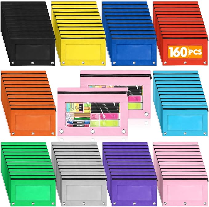 160 PCS 3 Ring Pencil Pouches Bulk in 10 Colors, School Classroom Supplies | Pencil Pouch for 3 Ring Binder, Zipper Pencil Pouches with Clear Window for Classroom Office School Supplies