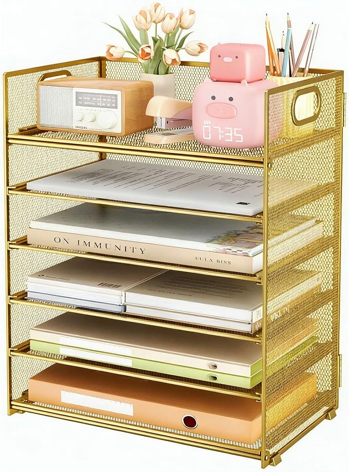 6 Trays Paper Organizer with Handle - Mesh Desk File/Letter Paper Sorter Organizer for Office, Home or School (Gold)