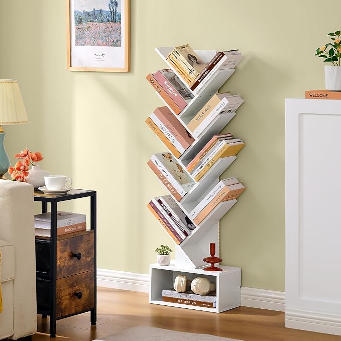 Hoctieon 9 Tier Tree Bookshelf, Tall Bookcase, Freestanding Book Shelf with LED Lights, Display Floor Standing Storage Shelf, Book Organizer Shelves for Home Office, Living Room, White