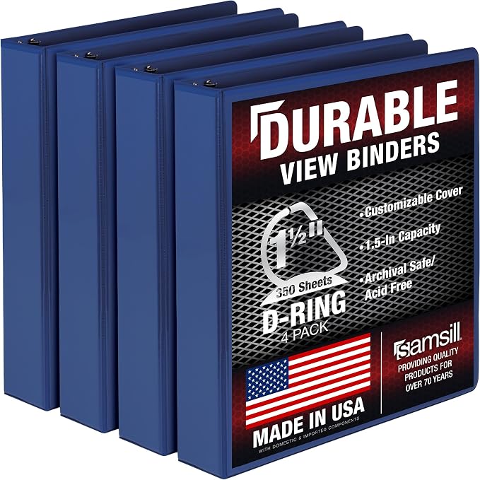 Samsill Durable 1.5 inch 3 Ring Binder, D Ring Binder, 100% Recycled Chipboard, Blue, 4 Pack