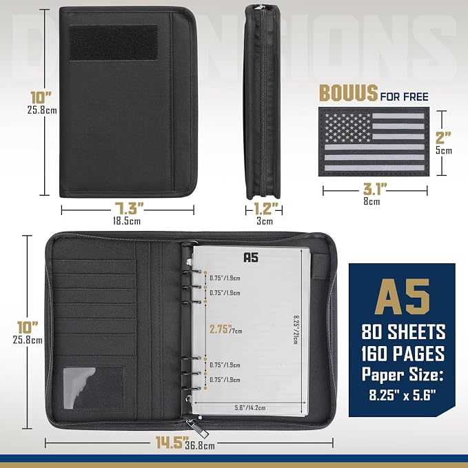 WYNEX Tactical Notebook Padfolio 6 Ring Binder, A5 Refill Paper | M-7.3x10" Zip Hardcover Notebook, 80 Sheets Loose Leaf Paper, 1"O-ring Water-Resistant Planner, for Office College Field Gift