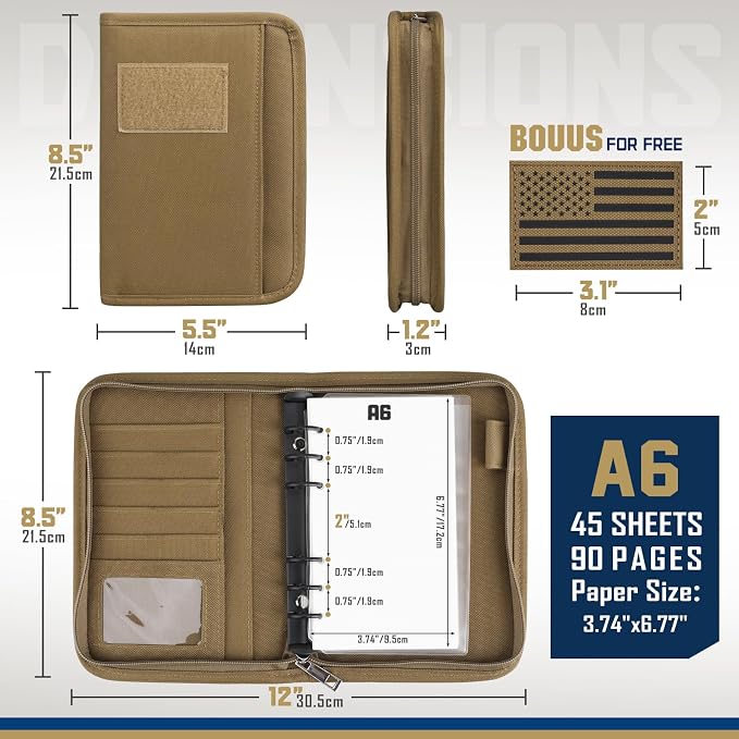 WYNEX Tactical Notebook Padfolio 6 Ring Binder, 3.7x6.7 in Refill Paper | S-5.5x8.5" Zip Hardcover Notebook, 45 Sheets Line Paper, 1"O-ring Water-Resistant Planner, for Office College Field Gift