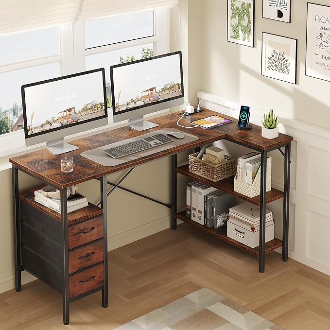 DUMOS L Shaped Desk with Drawers, Gaming Desk, 55 Inch | Power Outlet, Study Table, Adjustable Shelves, Home Office, Corner Computer Workstation, Bedroom, Rustic