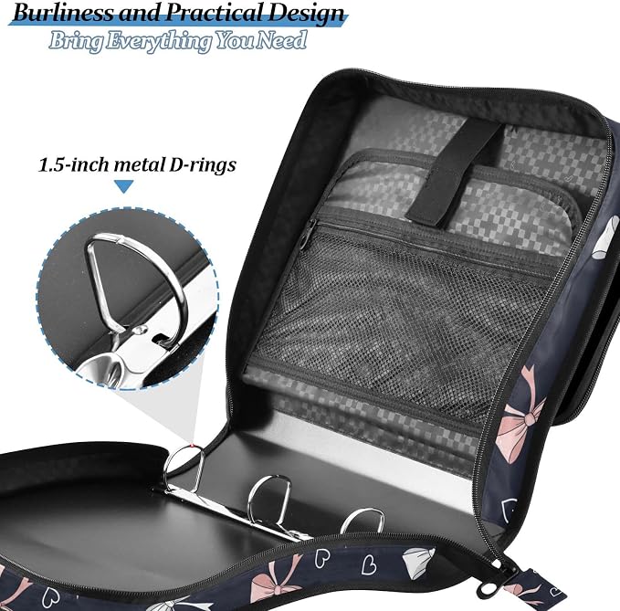 Bows Hearts Print 3 Ring Zipper Binder with Shoulder Strap & Handle 1.5 Inch D-Ring Zippered Bag with Pencil Pouch,Multiple Pocket & Expanding File Folder, Binder Organizer for School or Office