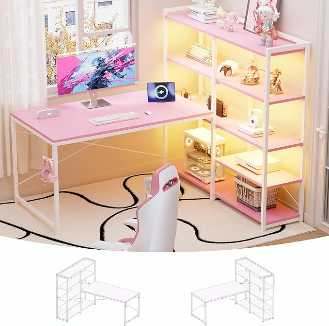 Pamray 49 Inch L Shaped Gaming Computer Desk with Shelves and Storage | Compact Reversible Design with LED Lights & Power Outlets, Suitable for Home Office Bedroom Small Spaces and Dorm Study Work