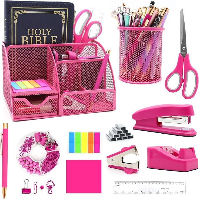 12Pcs Hot Pink Desk Organizers and Accessories Set for Office School Home | Office Supplies for Women Coworkers Students, Include Stapler, Pen Holder, Tape Holder, Scissors, Ruler, Staple Remover