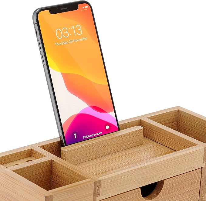 Bamboo Desk Organizer – Durable Office Wood Desk Organizer with Drawers, Storage Compartments, Pen Holder, and Phone Holder- Home and Office Desk Organizers and Accessories