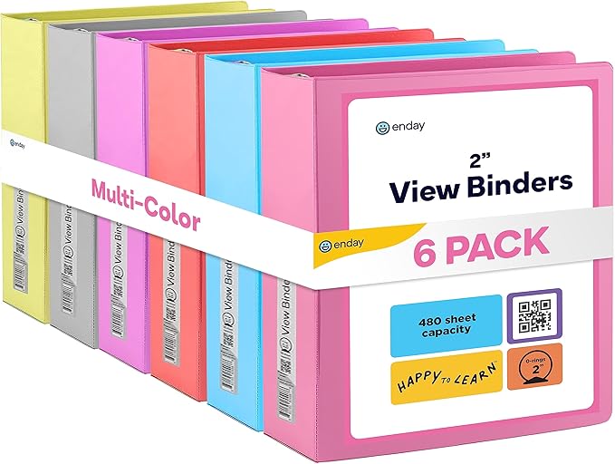 Enday 2 inch 3 Ring Binder (6 Pack - Assorted Colors) Binder 2 inch with Clear View Cover and 2 Inside Pocket - for Letter Size 8.5 x 11'' Paper, Ideal for School Supplies, Office, and Home