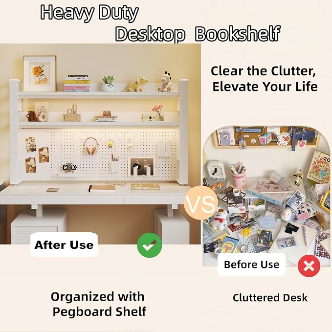 Desktop Hutch Bookshelf, 2-Tier Metal Desk Shelf for Top of Desk | Heavy Duty Countertop Organizer Rack with Peg Board & Accessories Space-Saving Storage for Dorm, Office & Home