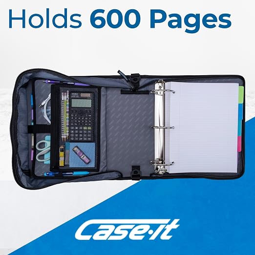 Case-it School Zipper Binder | 3" O-Rings | 600-Sheet | D-146 Tidal Wave | Mighty Zip Tab, 5-Color Tab Expanding File Folder, Multiple Pockets, Shoulder Strap, Office