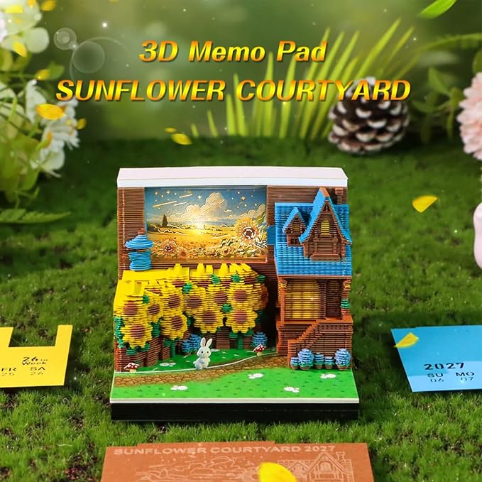 3D Time Piece Calendar, 2027 Desk Calendar With LED Light, 3d Tree Memo Pad Creative Desk Calendar, Christmas Gift for Colleague Friend, Desktop Decoration (Sunflower Yard)