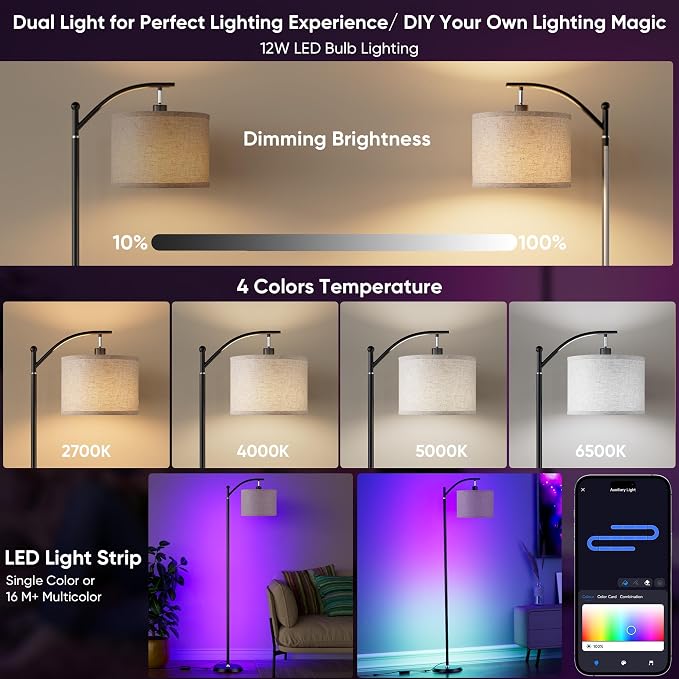 Smart LED RGBCW Corner Lamp with Linen Lampshade Compatible with Alexa, Color Changing Standing Lamp with 16 Million DIY Colors, Music Sync, Tall lamp for Living Bedroom Room,APP/Voice/Remote Control