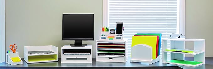 Victor Monitor Riser with Drawer and Storage Shelf - Wood Monitor Stand Desk Organizer with Faux Leather Top, Organize Office Supplies, 13 x 13 x 6.5-Inches, Pure White