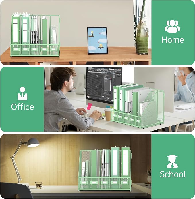 DALTACK 5-Slot Magazine File Holder, Metal Binder Holder, Mint Green | Iron Mesh Construction, Labeled Sections for Easy Sorting, Anti-Slip Feet, Binder and Folder Storage for Office, Classroom