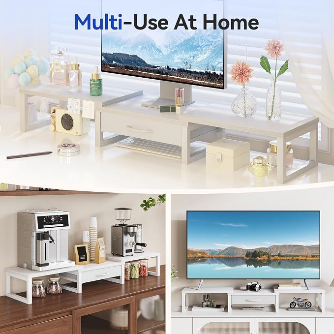 Dual Monitor Stand Riser, Desk Organizers and Accessories with Drawer, Computer Monitor Stands for Desk, Adjustable Desktop Shelf for PC Laptop Printer TV, White