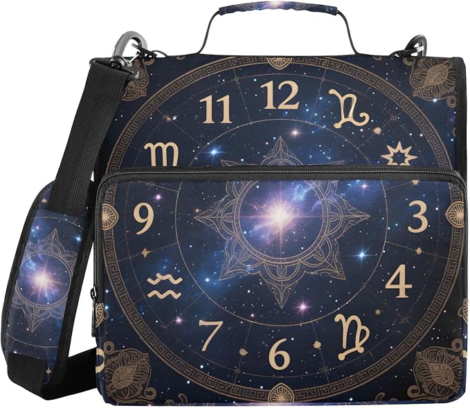 3 Ring Zipper Binder with Shoulder Strap Astrology Sun Time 1.5 inch Binders Keeper Large Capacity Multi Pockets for School Office Supplies