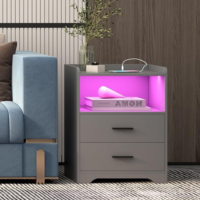 dnbss RGB Nightstand with Charging Station, Smart Bedside Table, Grey | LED Night Stand, 2 Drawers, 1 Compartment, Human Body Sensor, Modern End Side Table for Bedroom Living Room Office Storage