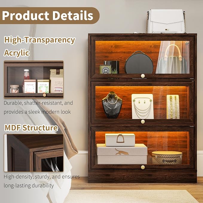 Display Cabinet with Acrylic Glass Doors,3-Tiers Curio Cabinet with LED Lighting for Collectibles, Collectibles Toy Organizers Rack & Display Shelf Display Case Storage Cabinet,Walnut