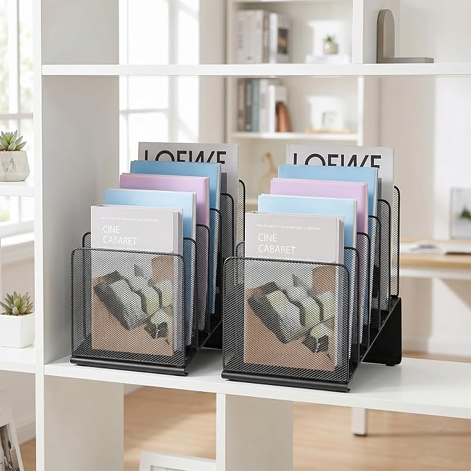 LEKETREE File Organizer for Desk, File Folder Organizer with 5-Section Vertical Rack, Suitable for Home Office Document Organization and Storage(Black 2-Pack)