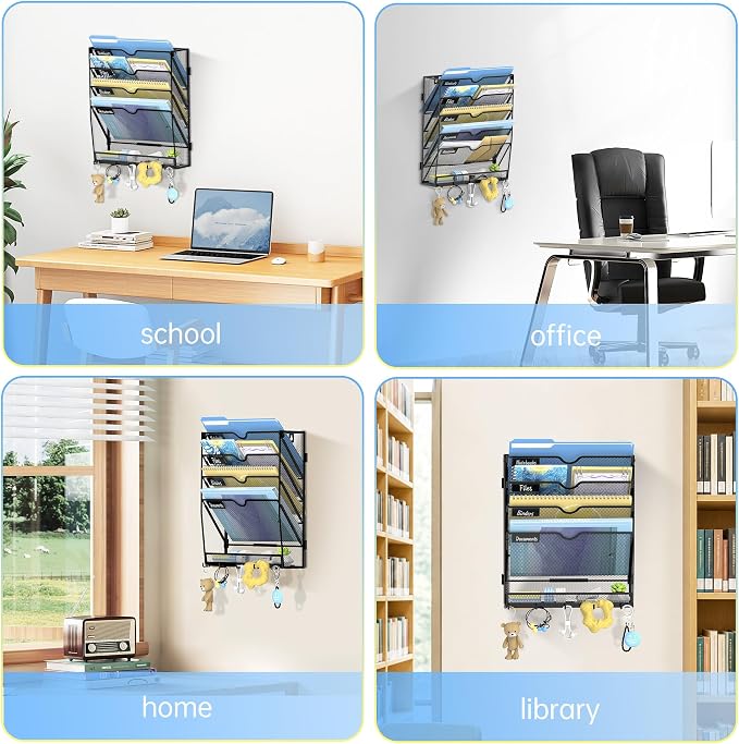 5-Tier Wall File Organizer with Hooks, Hanging File Organizer | Metal Mesh Mail Organizer, Wall Mounted File Organizer for Home, Classroom, Office Organization