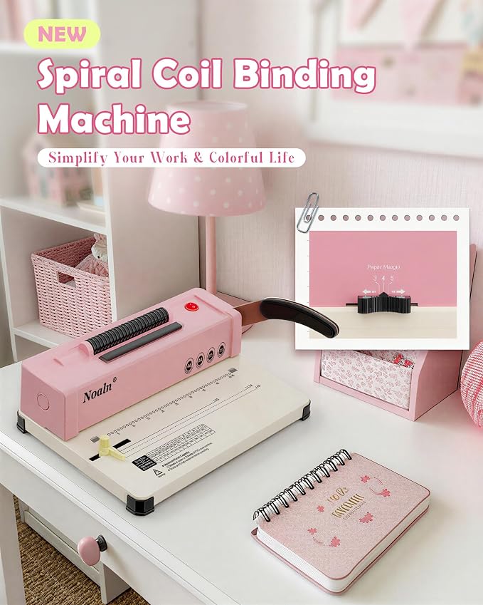 46-Hole Binding Machine Spiral Coil Binder Classic Pink,DIY Book Binder Kits with Electric Coil Inserter,100pcs Comb Binding Spines,for Letter Size/A4/A5 School Office Home