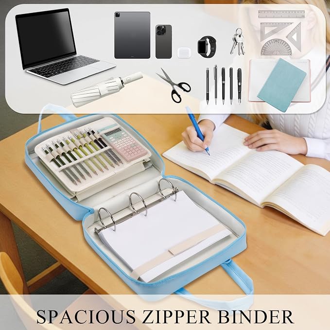 Upgraded Zipper Binder | 3-Inch & 2-Inch O-Rings, 600 Sheet Capacity Trapper Keeper with 13 Inch Laptop Sleeve & Water Bottle Holder, Binder Bag with Multi-Pockets & Shoulder Strap (Blue)