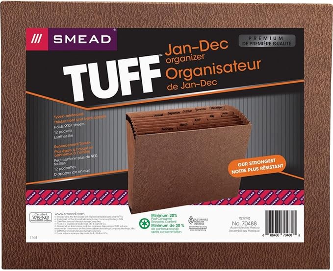 Smead TUFF Expanding File, Monthly (Jan.-Dec.), 12 Pockets, Letter Size, Redrope-Printed Stock (70488)