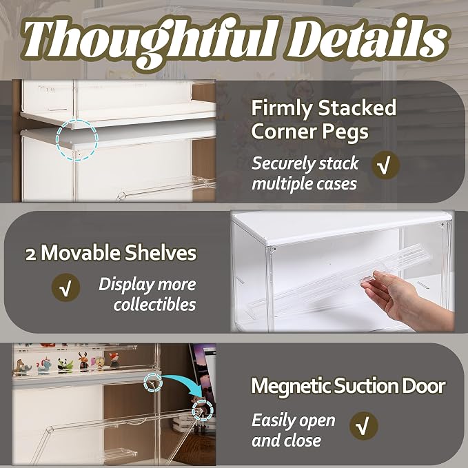 Clear Display Case for Collectibles, 3-Tier Adjustable Figure Display Case with LED Light, Stackable Acrylic Showcase with Magnetic Door for Jewelry,Collectibles (White, 2 Pack-17.4" H)