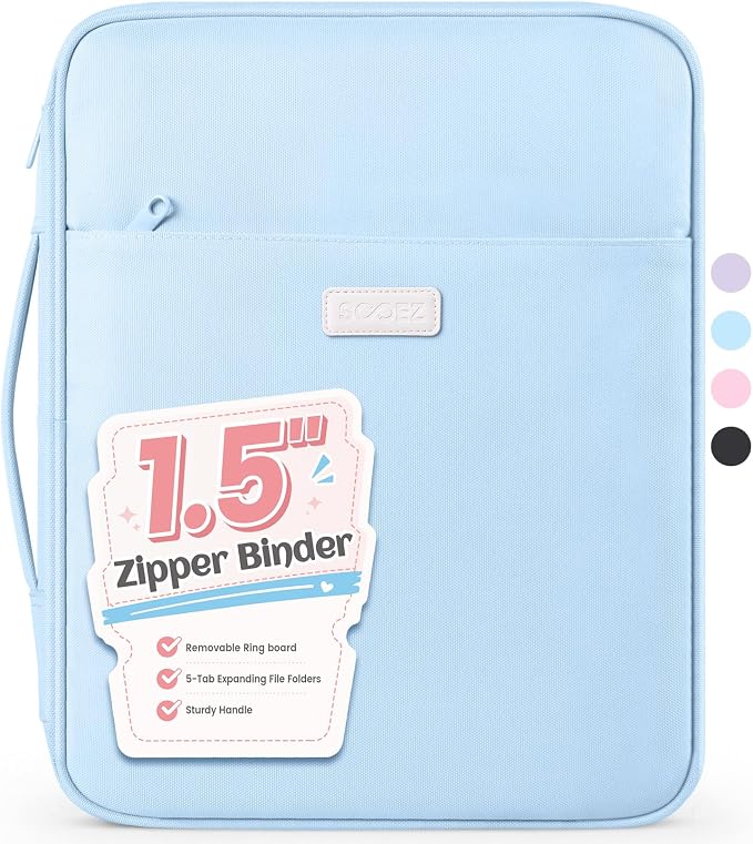 Sooez Zipper Binder Bag, 1.5 Inch Binders 3 Ring O-Ring, 5-Tab Dividers | Expanding File Folder, 650-Sheet Capacity Paper Organizer, Cute Organizer Storage for Student School Classroom Supplies, Blue
