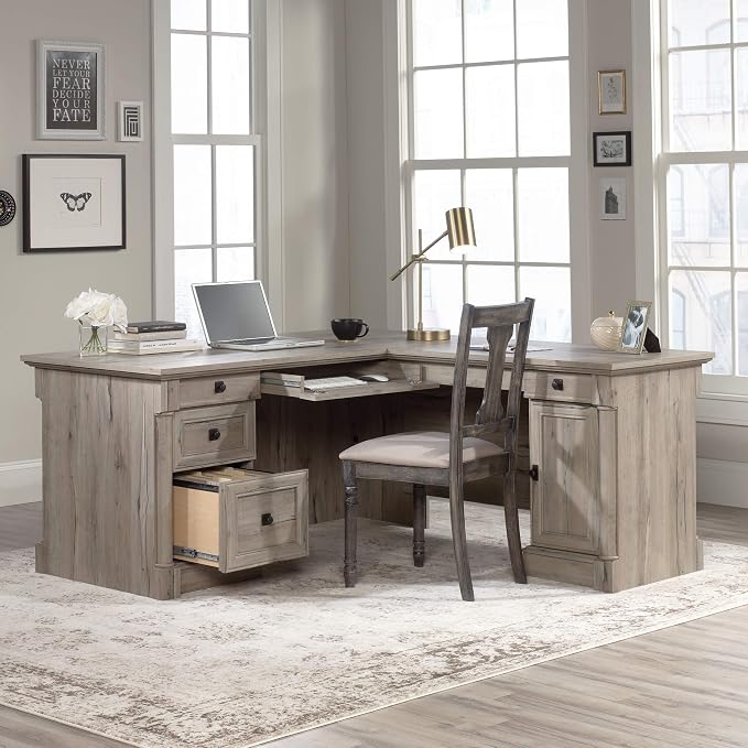 Sauder Palladia L Shaped Desk with Drawers, Office Desk with File Cabinet Storage, Cable Management, Keyboard Tray, in Split Oak finish