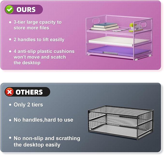 Marbrasse 3 Tier Paper Organizer Letter Tray, Mesh File Organizer with Handle, Paper Sorter Desk Organizer for Home Office Supplies - 2p Purple