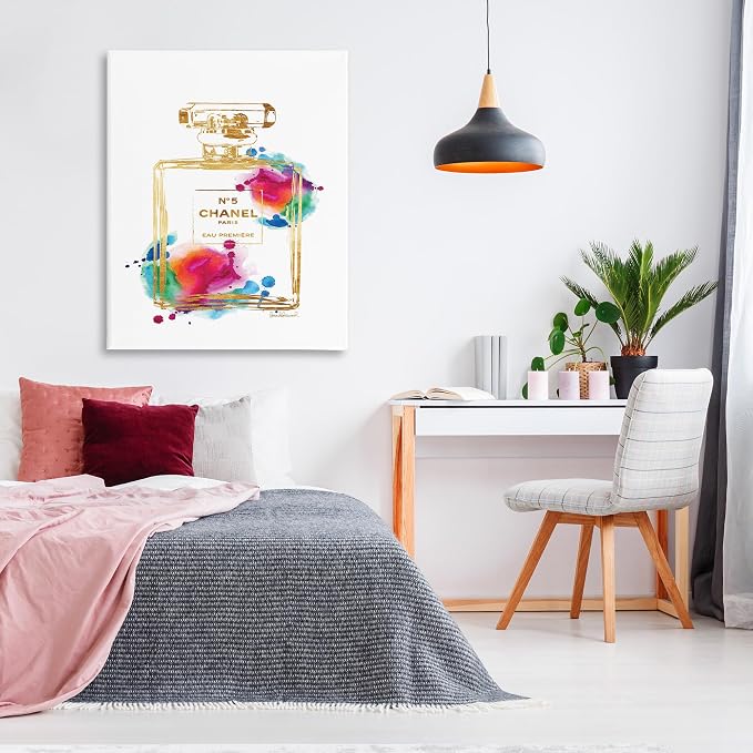 Stupell Industries Fashion Perfume Gold Rainbow, Design by Amanda Greenwood, Gallery Wrapped Canvas, 36 x 48 | Stupell Industries · By Amanda Greenwood · Ready to hang · Chic decor for bedroom or dressing room · Made in USA