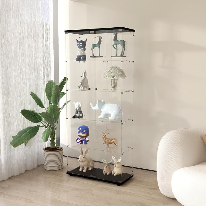 Frameless Glass Display Cabinet, Curio Cabinet with Lock and 2 Doors, Quick-Install Floor Standing Large Showcase Display Shelf for Collectibles, Legos, Figures, Plants