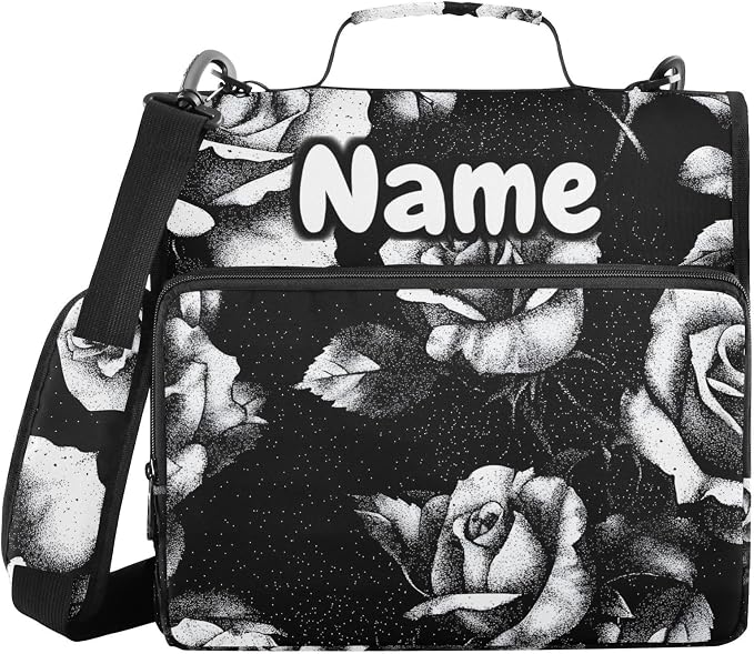 Custom Black and White Roses 3 Ring Binder Bag 1.5 inch Personalized Name Binder Organizer 500 Sheet Documents Storage for School Office