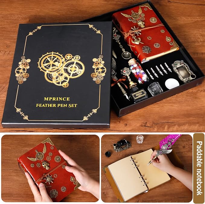 Aifeiter Quill Pen and Ink Set With Quill and 5 Replaceable Nibs,Seal Stamp,Spoon,Wax Beads,White Wax,Pen Holder, Cup,Envelope,Letter Paper,Envelope Tool(purple)
