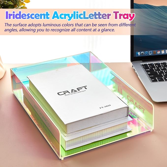 Suzile 3 Pcs Iridescent Acrylic Letter Organizer 12.6 x 9.5 x 2.8 Inches Stackable Iridescent Letter Tray Paper Tray for Desk File Document Folder Notebooks Stationery Office Accessories(Vertical)