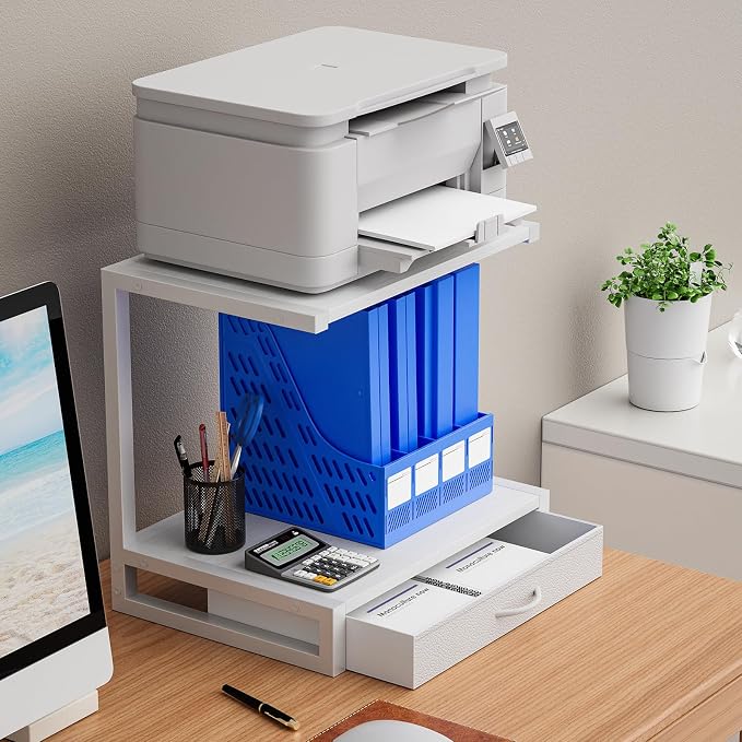 YAOHUOO 2-Tier Desktop Printer Stand with Fabric Drawer,17.3"x11.8" White | Printer Table with Storage Shelf,Desk Organizer for Home Office,Fit Printer,Fax Machine,Scanner,Space Saving for Two Monitors