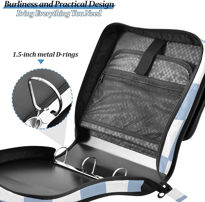 Distorted Blue Check Plaid Zipper Binder with Shoulder Strap Bag 3 Ring Binder Organizer Large Capacity Multiple Compartments for School Office