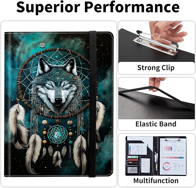 Padfolio/Portfolio Folder Clipboard,Padfolio Clipboard,Writing Portfolio Leather with Cover for Card Holder Slot Letter Size A4 for Office Conference Notepad Clip Boards,Dream Catcher Wolf