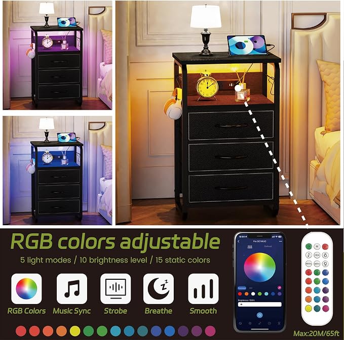 runjuly End Table with LED Light, Charging Station and Hooks, Modern Black | 3 Fabric Drawers Storage, Type C & USB Ports & Power Outlets, Industrial Style, Small Nightstand for Living Room / Bedroom