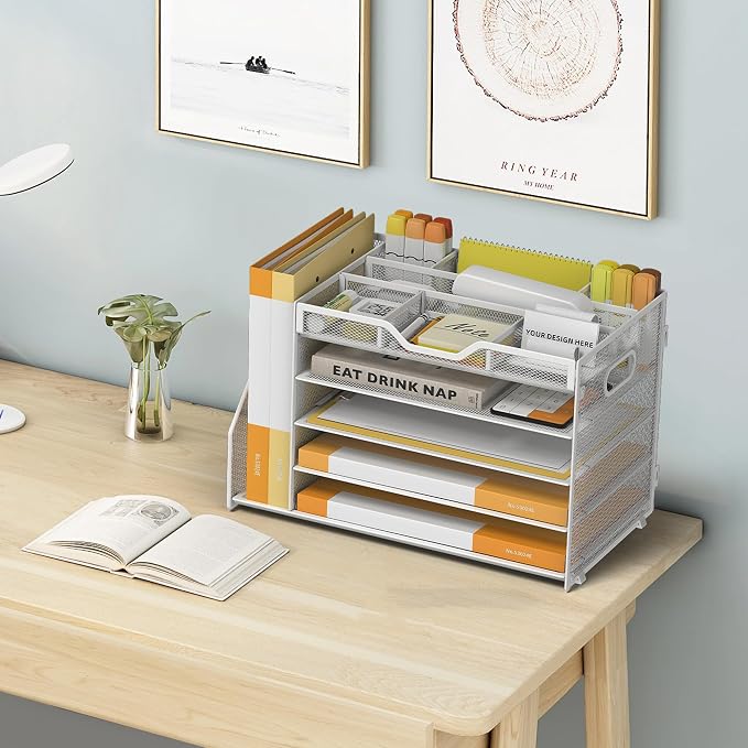 5 Tier Paper Letter Tray Desk Organizer with Pen Holders - White | Features 3 pen holders and 4 removable dividers.Versatile mesh desktop storage for mail, document,office supplie