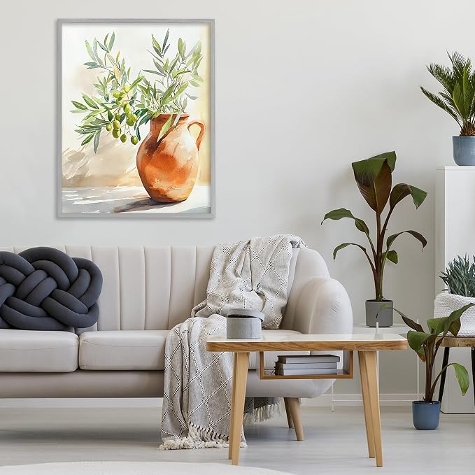 'Olive Branch in Terracotta Vase'| Framed Giclee Art | Stupell Industries | Gray, 24 x 30 Inches, Easy to Hang and Sturdy, Made in USA, by LSR Design Studio