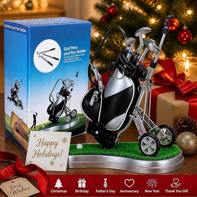 SANTA CASA Golf Pen Holder with 3 Pens, Mini Golf Desk Game for Golfers | Funny Desk Golf Accessory, Unique Gift for Men, Dad & Boss, Stocking Stuffer