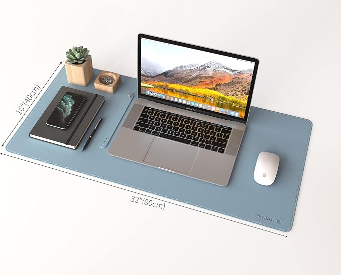 RENMTURE Dual-Sided Mouse Pad, Natural Cork & PU Leather Large Desk Pad for Office and Home Work, Desk Protector Non-Slip, Waterproof, Easy Clean (Blue Gray, 32"x16")