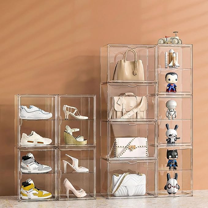 Clear Acrylic Display Case for Figures, 4 Layer Adjustable Acrylic Boxes for Display, Stackable Display Boxes for Collectibles, Action Figure Display Case for Shoe, Bread, Cosmetic, Handbag, 1 Pack